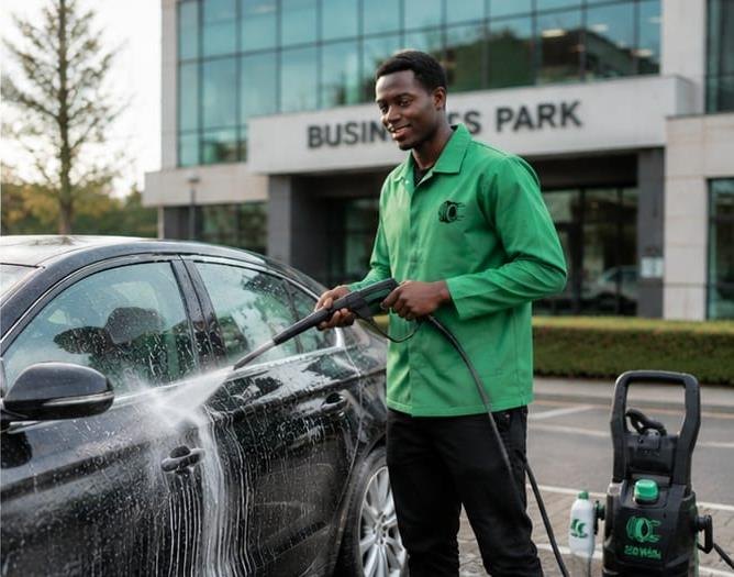iWashCars washer cleaning a car at a business park